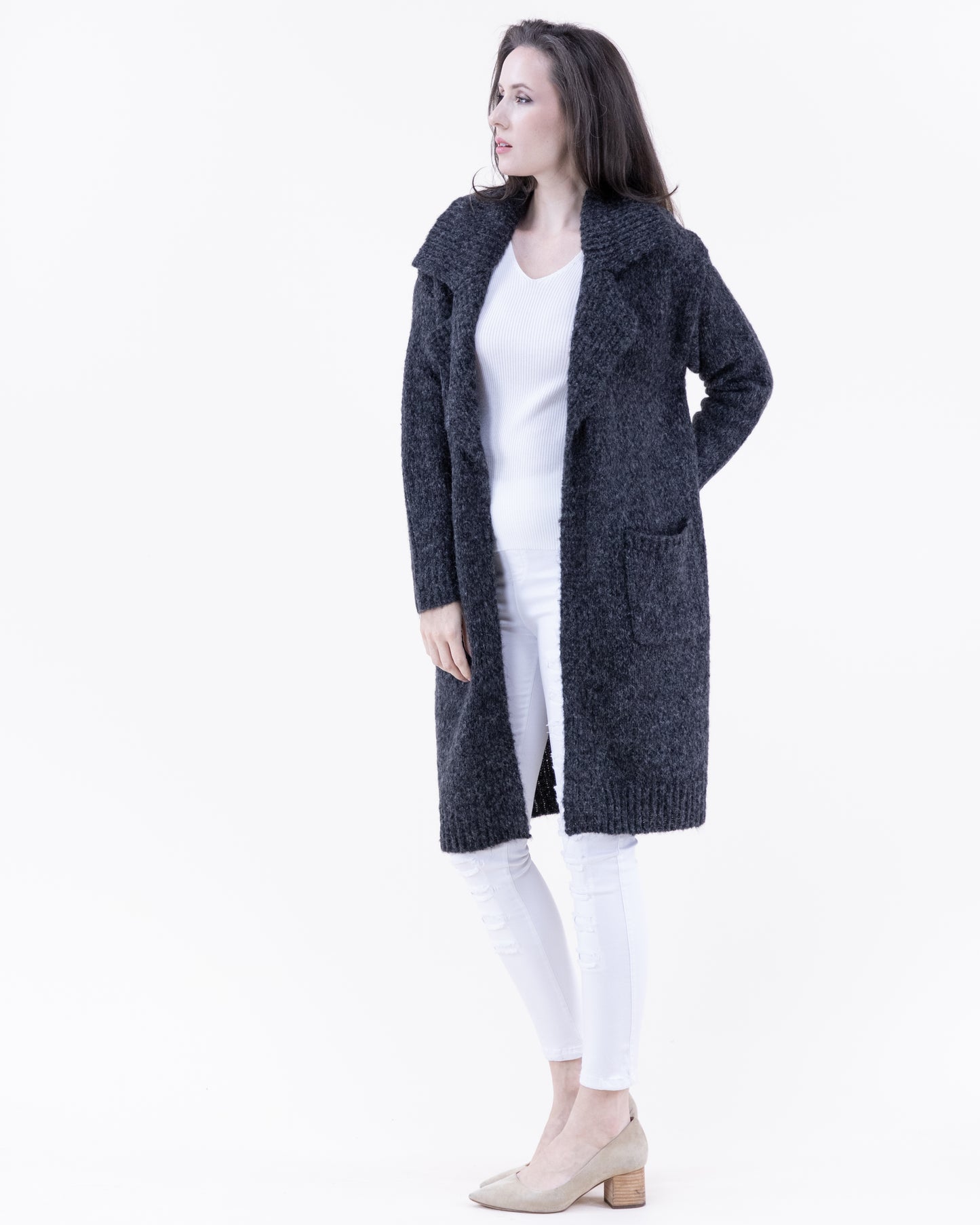 Ribbed Notch Lapel Heather Coatigan - (S/M, L/XL)