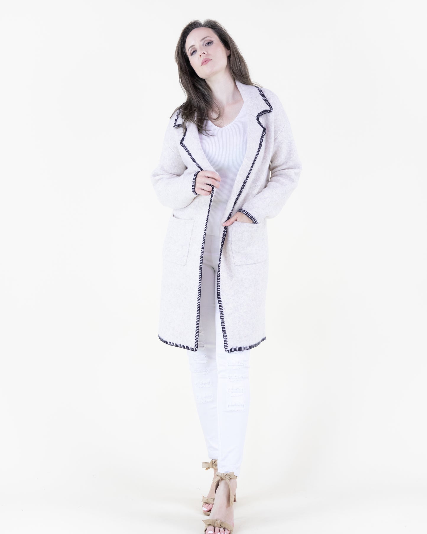 Notch Lapel Seam Stitch Open Cardigan
