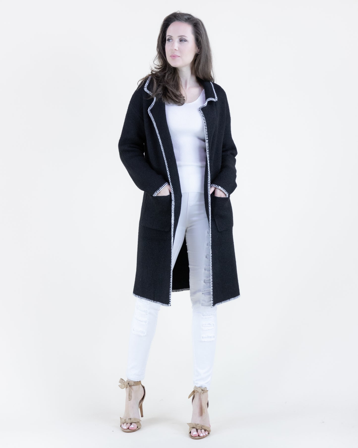 Notch Lapel Seam Stitch Open Cardigan
