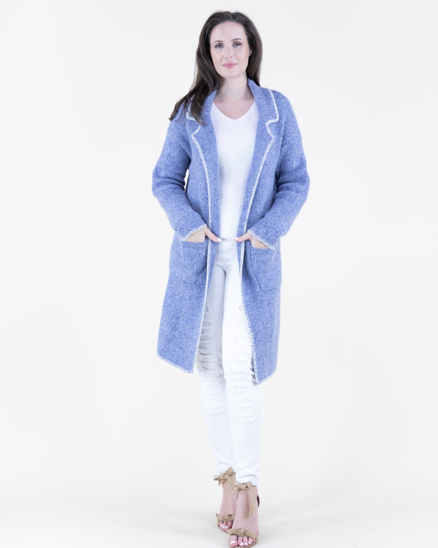 Notch Lapel Seam Stitch Open Cardigan