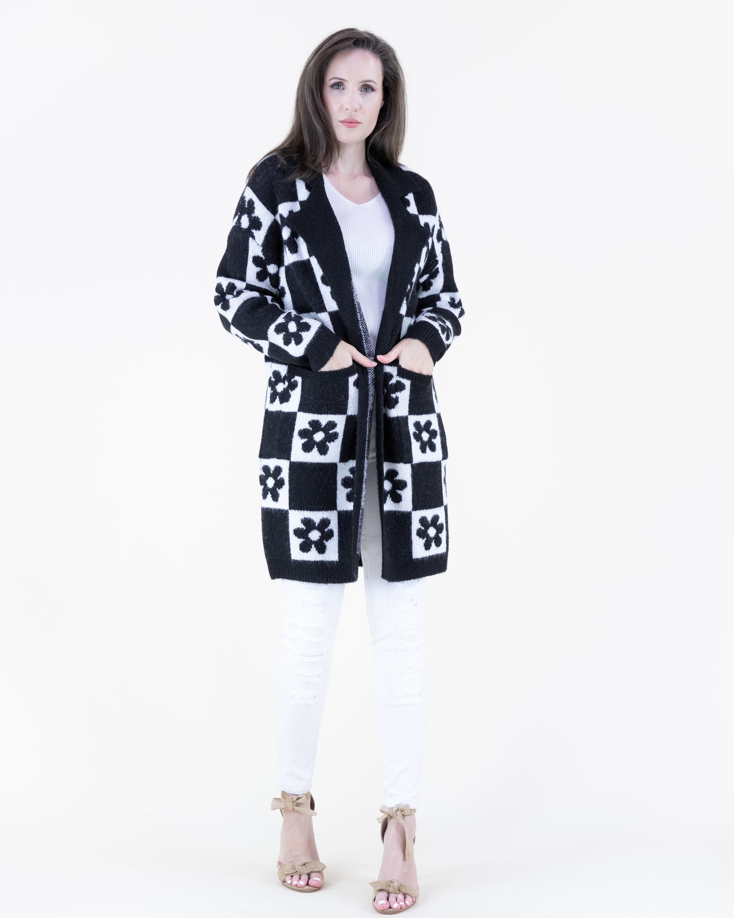 Retro Flower Checkered Open Cardigan