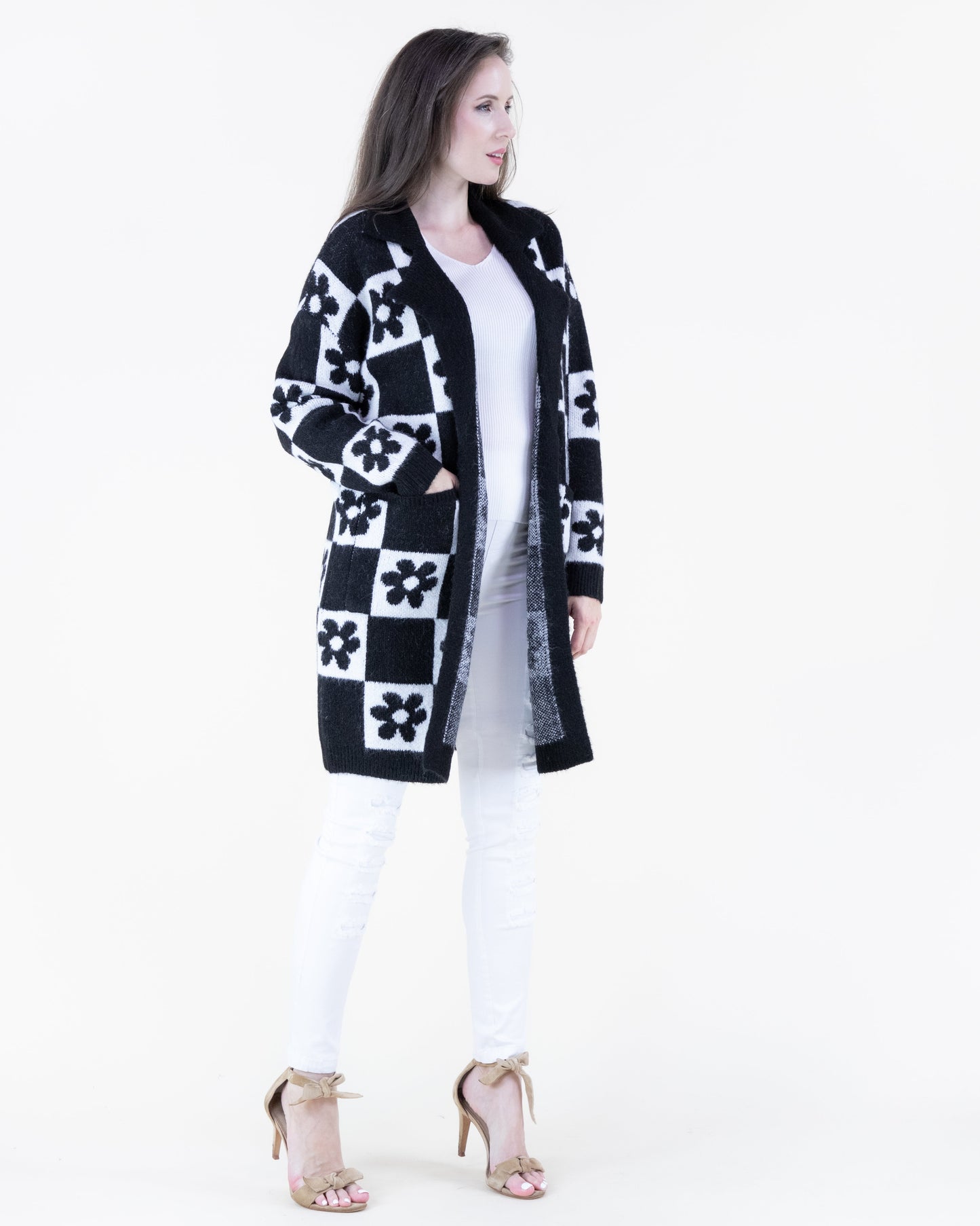 Retro Flower Checkered Open Cardigan