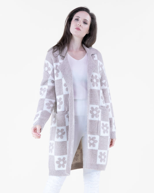 Retro Flower Checkered Open Cardigan