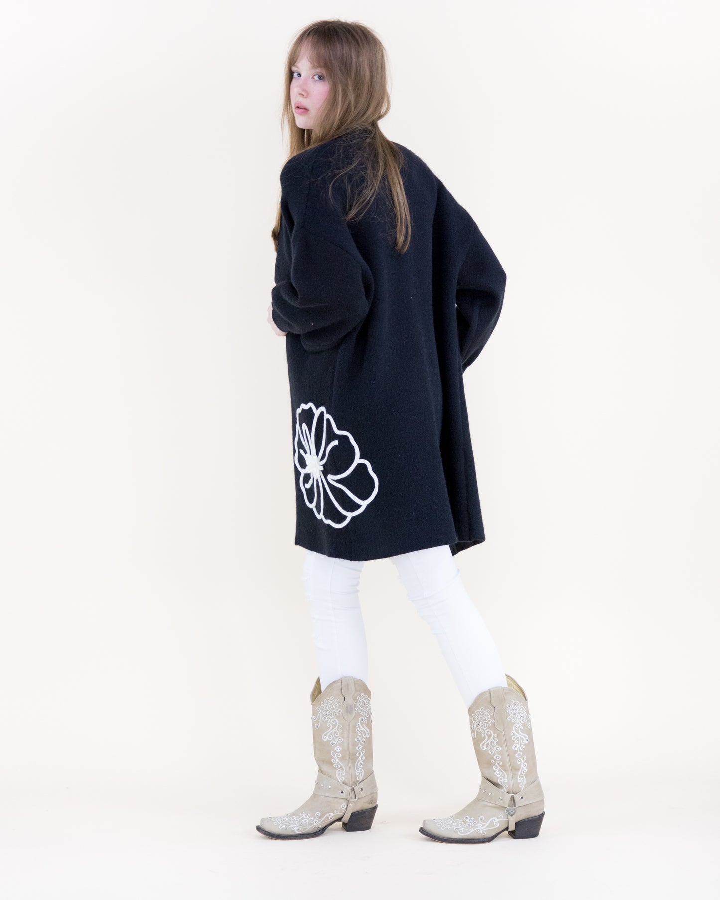 Bold Floral Outline Open Front Cardigan