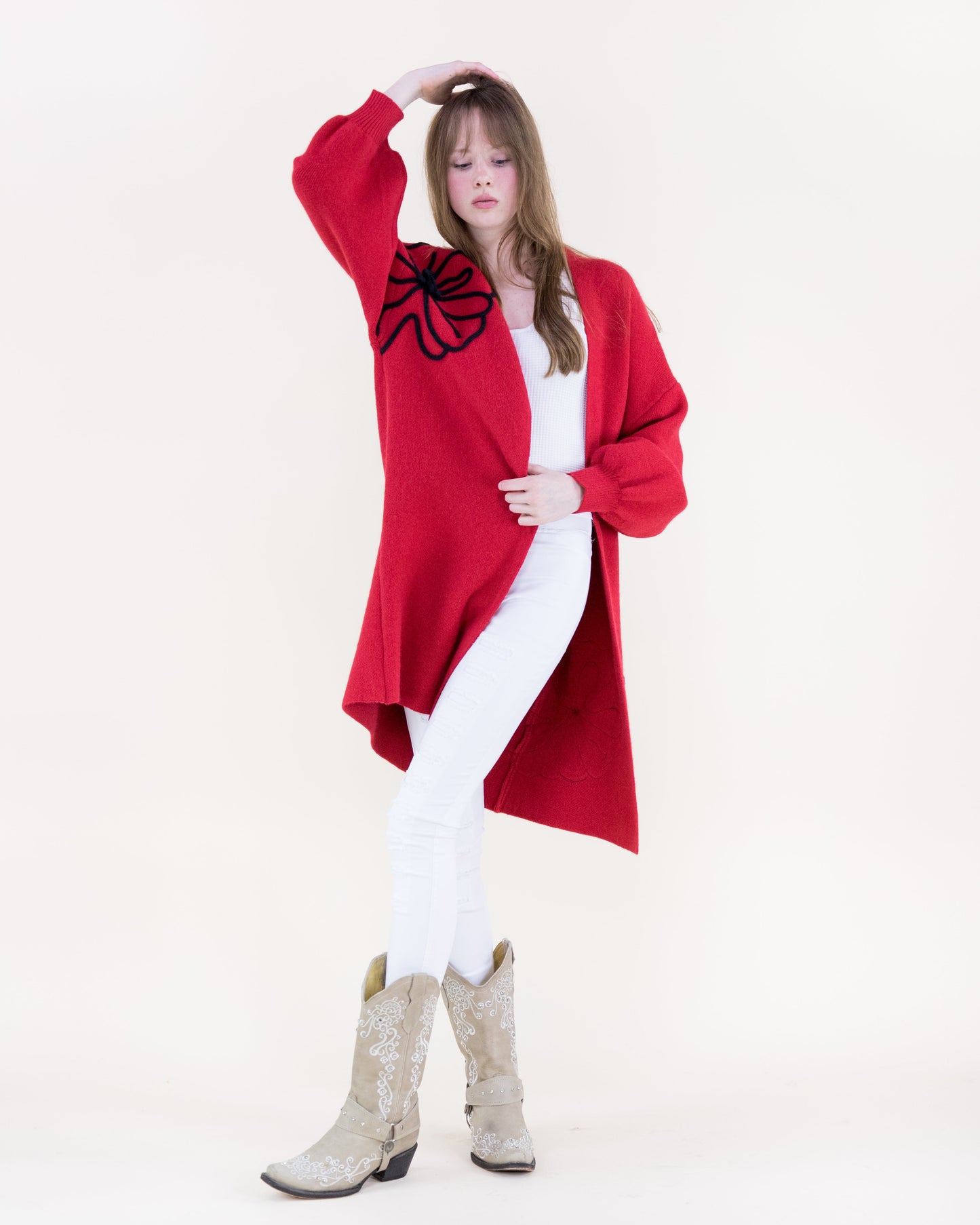 Bold Floral Outline Open Front Cardigan