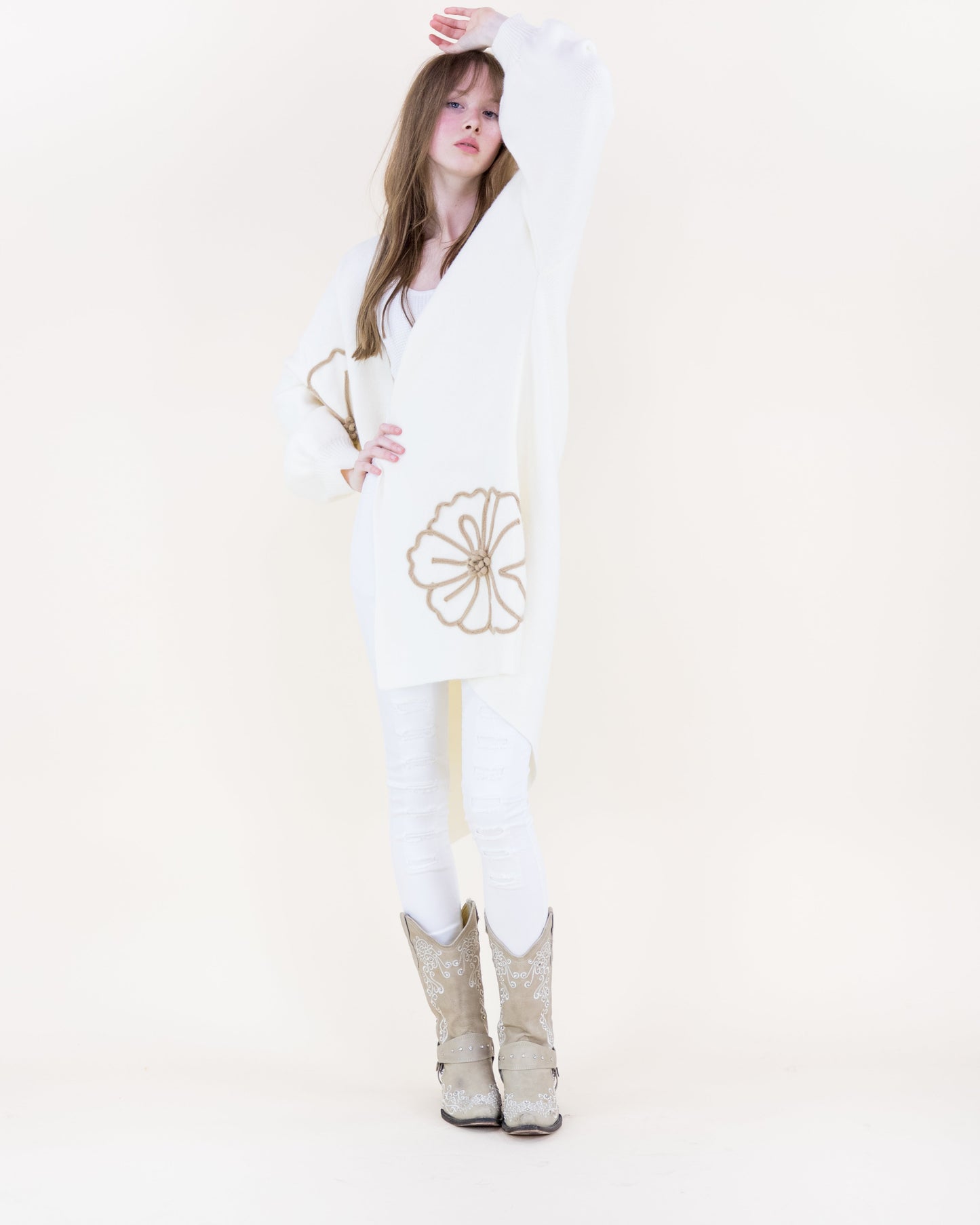 Bold Floral Outline Open Front Cardigan
