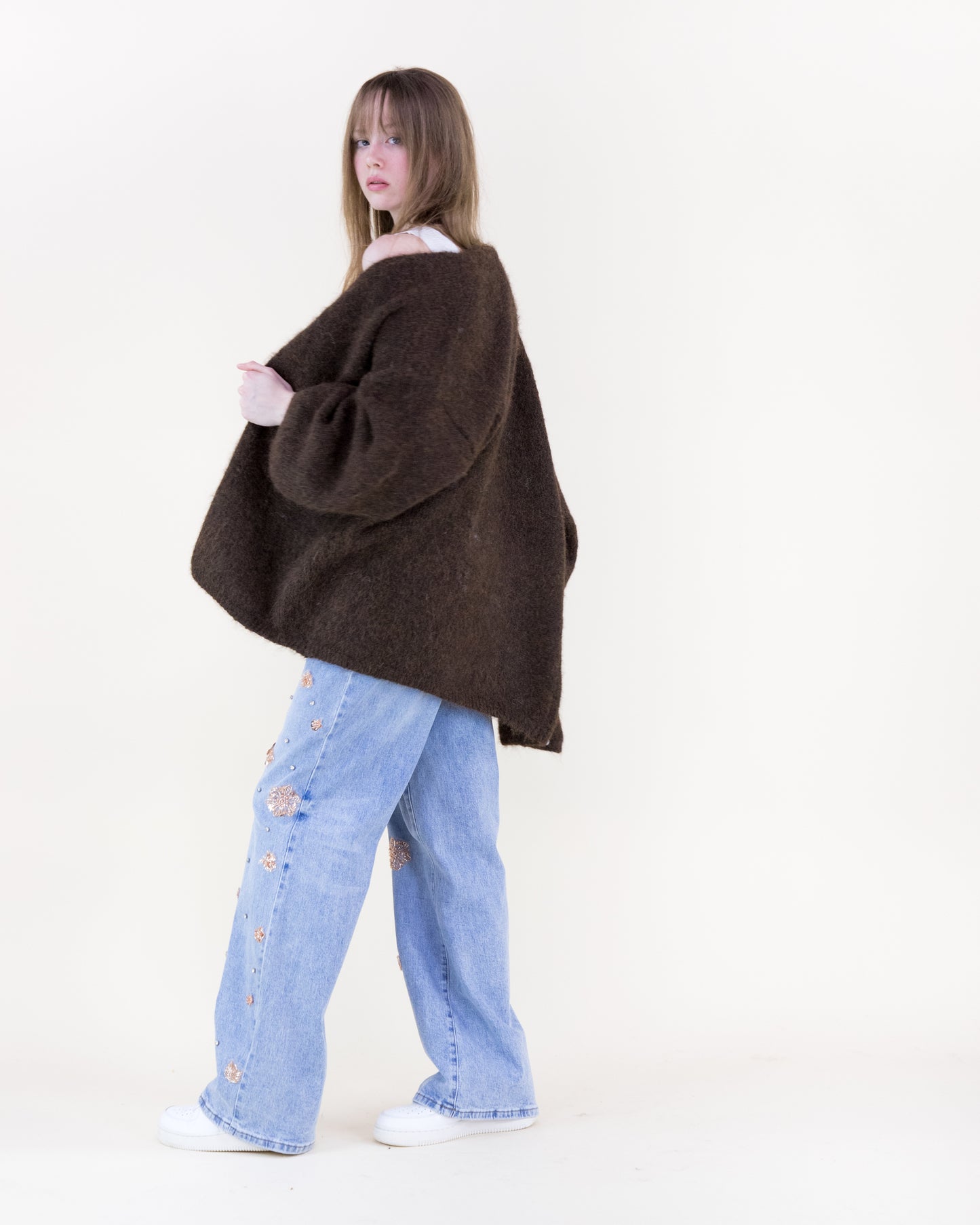 Heathered Wool Blend Bishop Sleeve  Cardigan