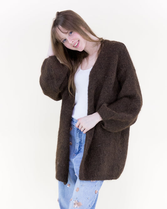 Heathered Wool Blend Bishop Sleeve  Cardigan