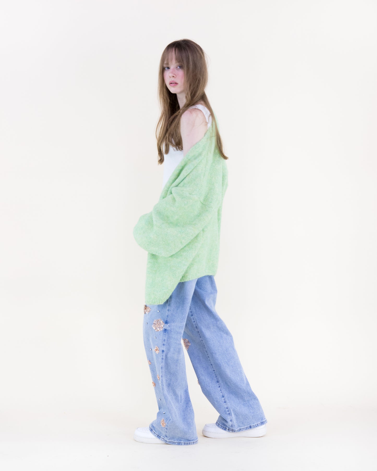 Heathered Wool Blend Bishop Sleeve  Cardigan