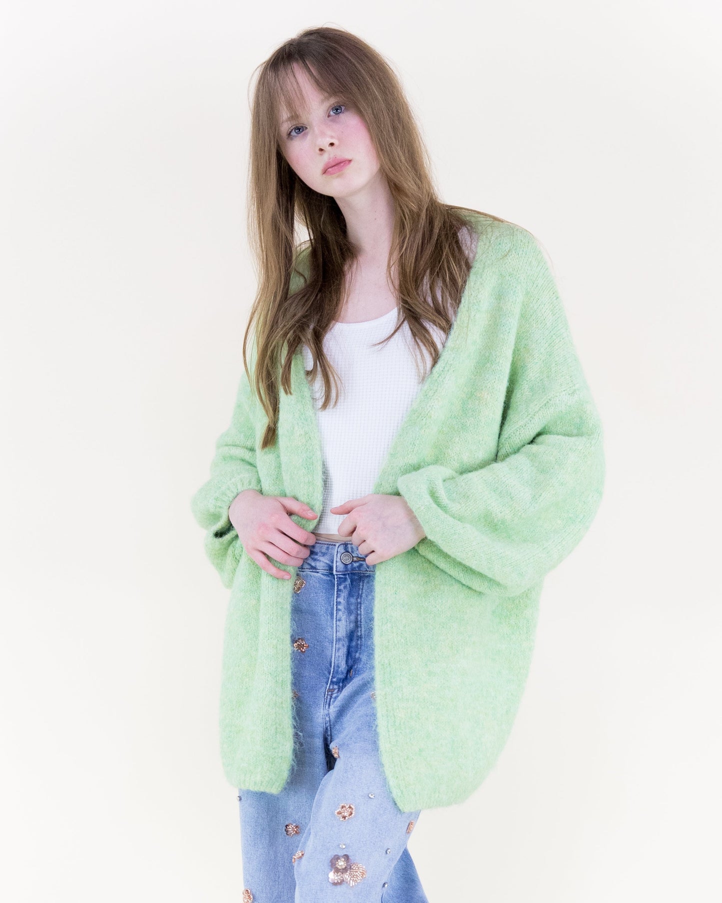 Heathered Wool Blend Bishop Sleeve  Cardigan