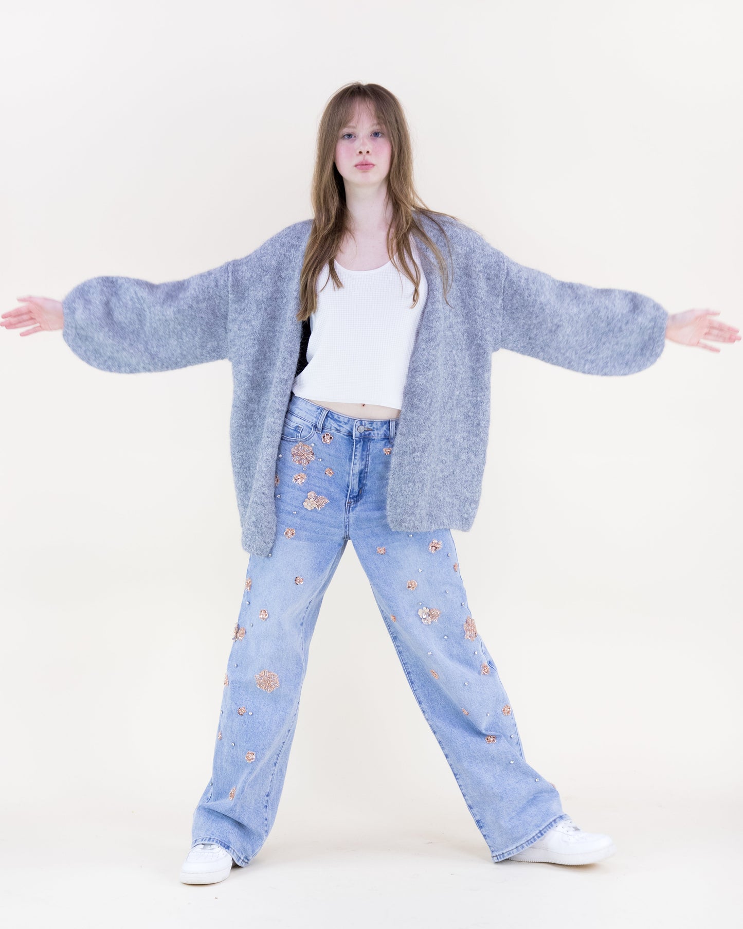 Heathered Wool Blend Bishop Sleeve  Cardigan