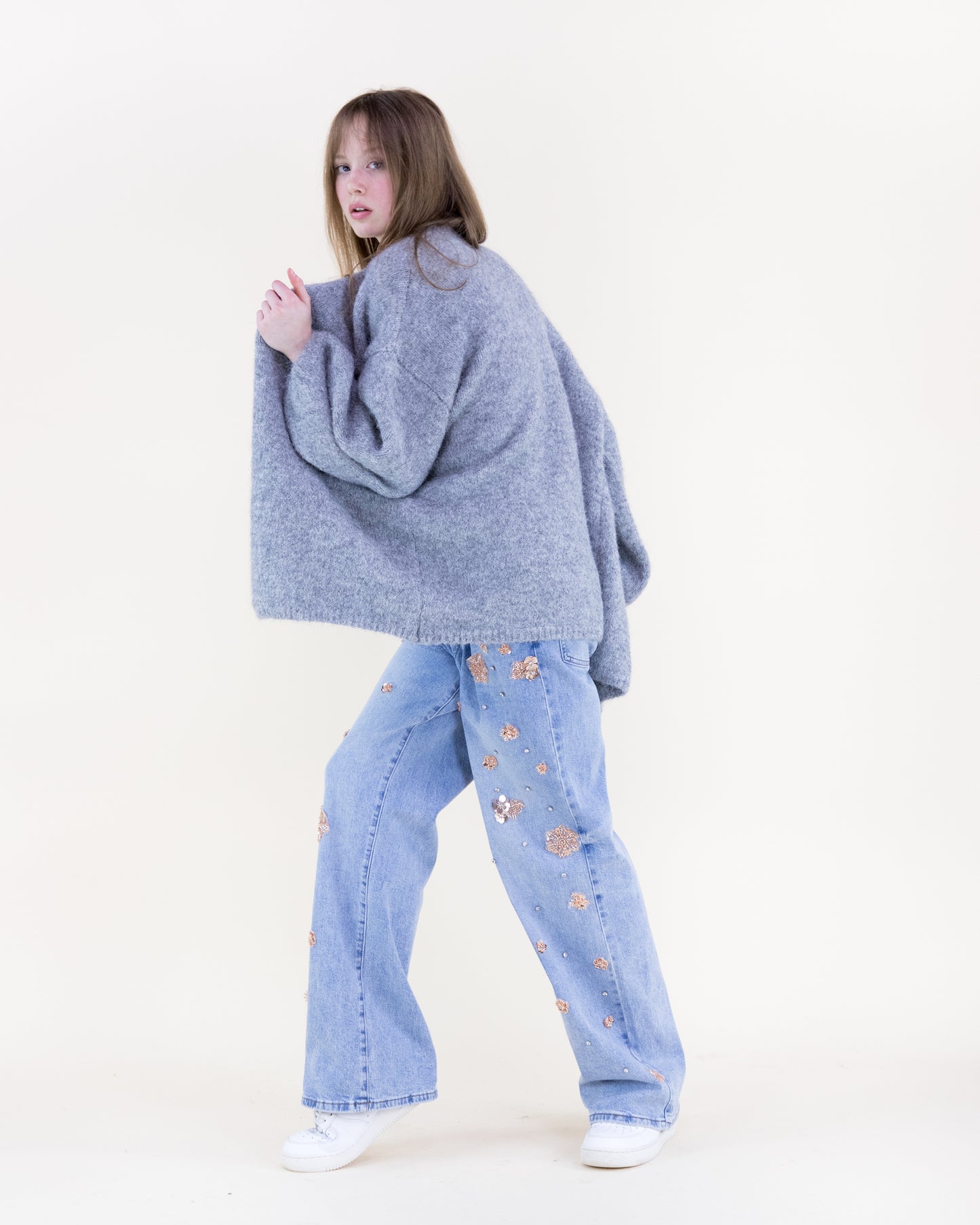 Heathered Wool Blend Bishop Sleeve  Cardigan