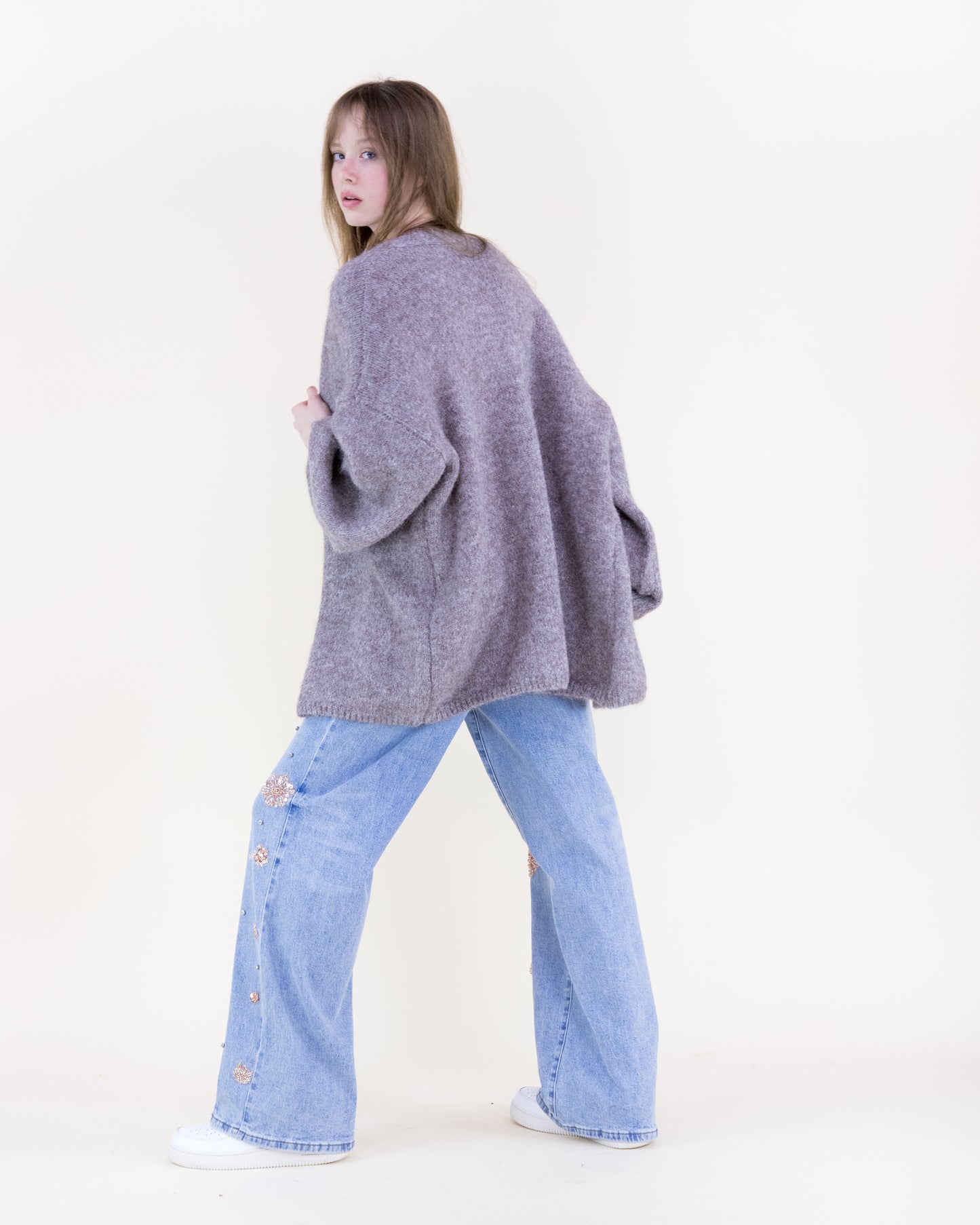 Heathered Wool Blend Bishop Sleeve  Cardigan