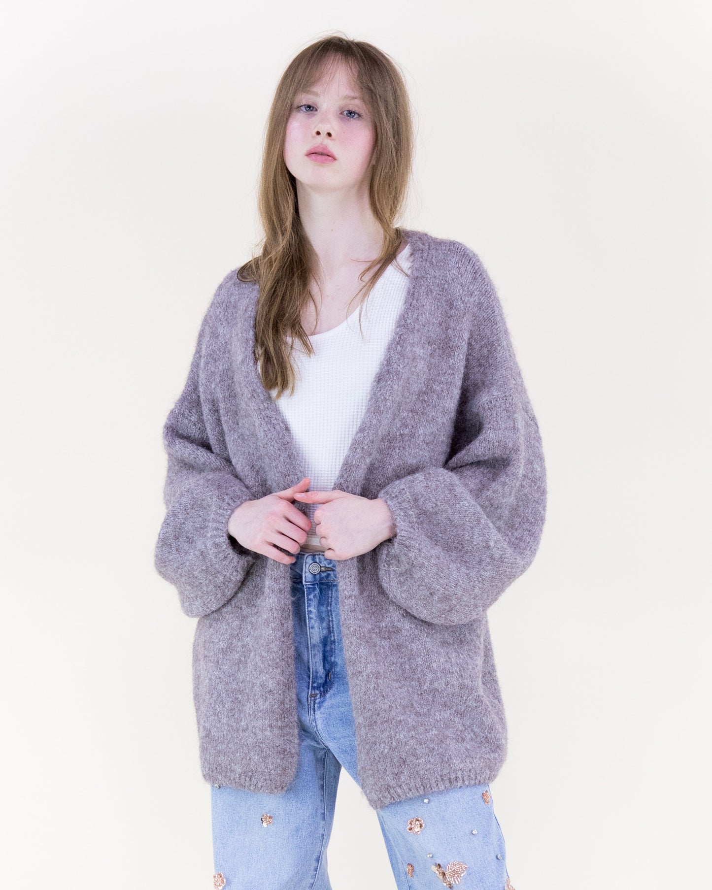 Heathered Wool Blend Bishop Sleeve  Cardigan