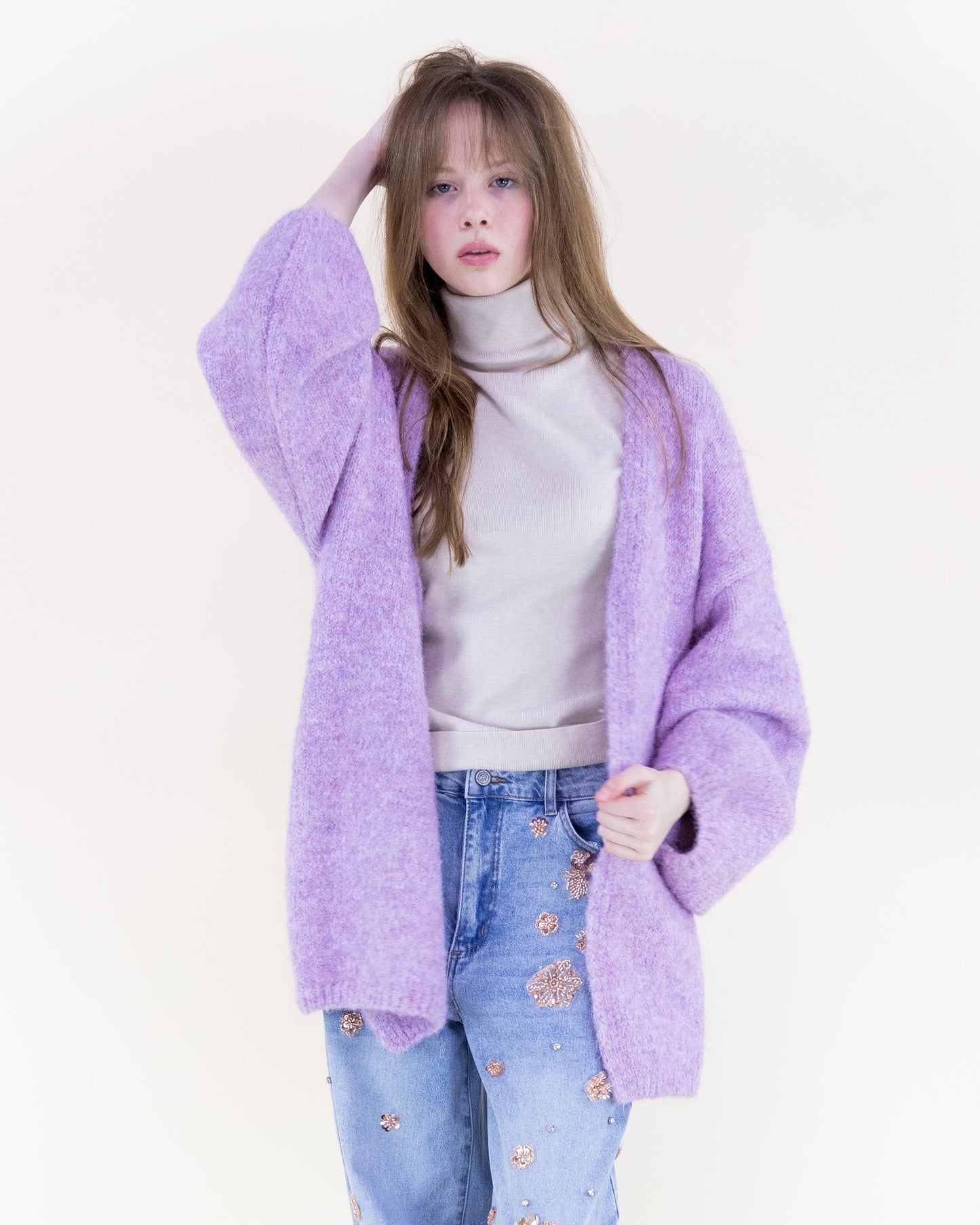 Heathered Wool Blend Bishop Sleeve  Cardigan