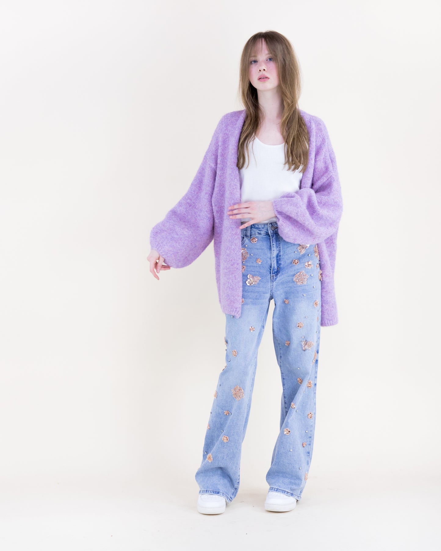 Heathered Wool Blend Bishop Sleeve  Cardigan