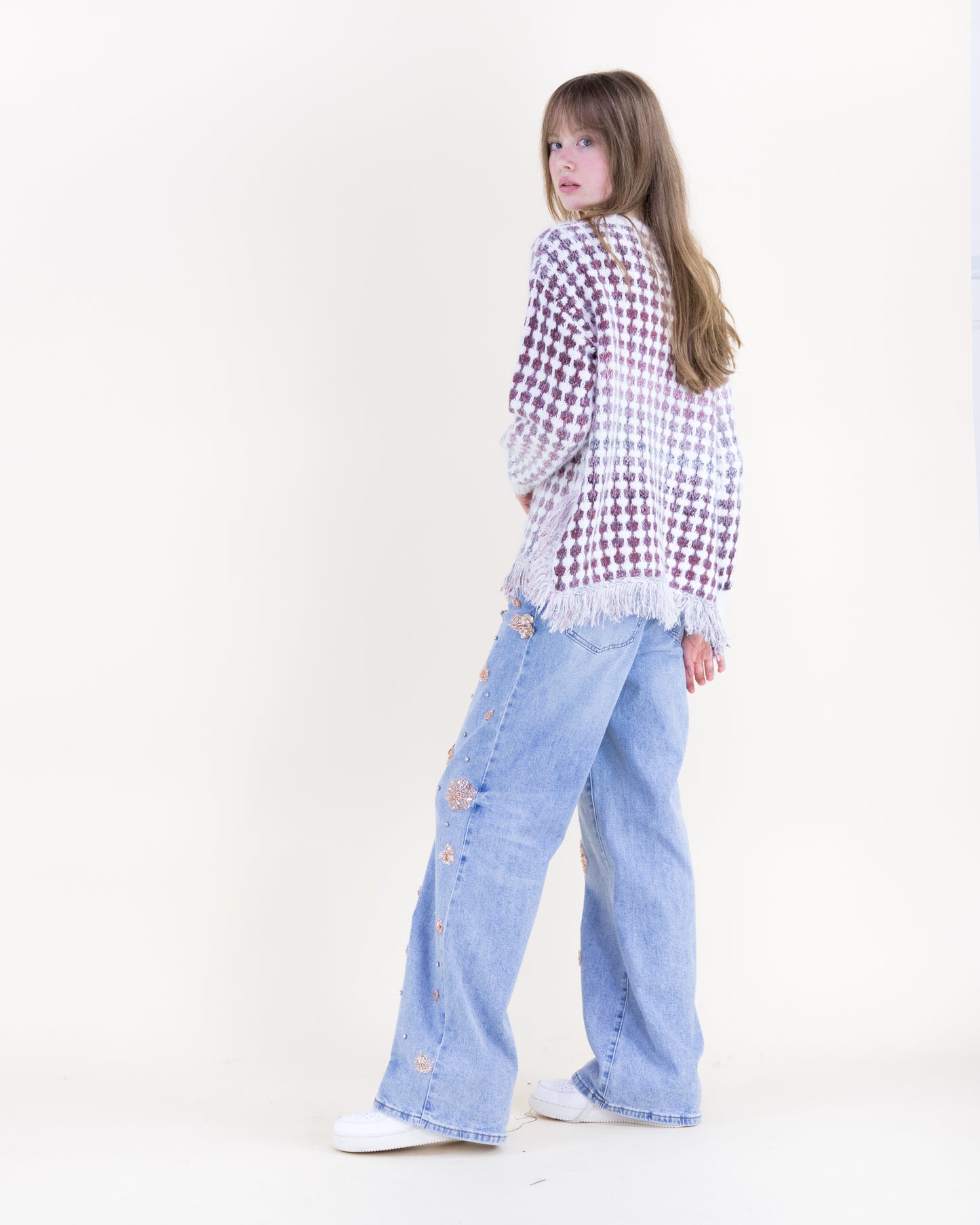 Ombre Grid Stitch Fringe Hem Pullover Sweater