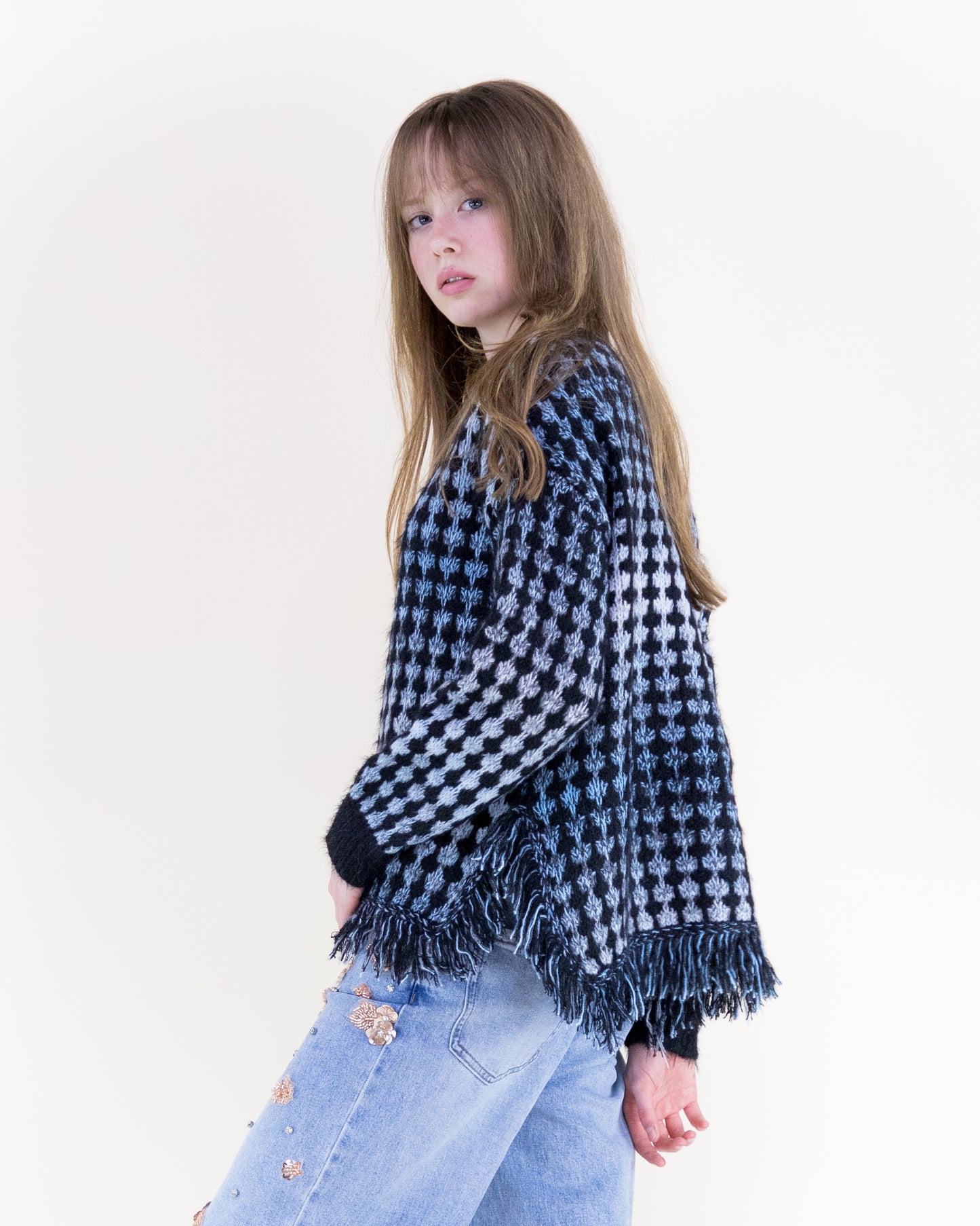 Ombre Grid Stitch Fringe Hem Pullover Sweater