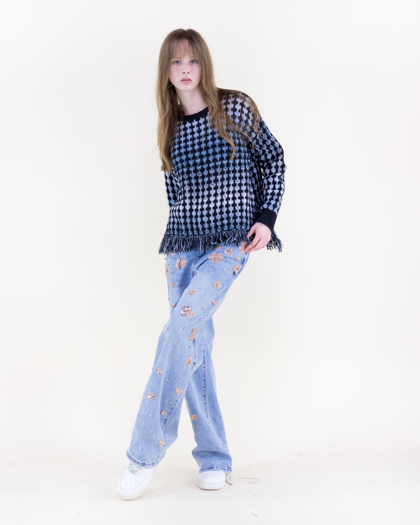 Ombre Grid Stitch Fringe Hem Pullover Sweater