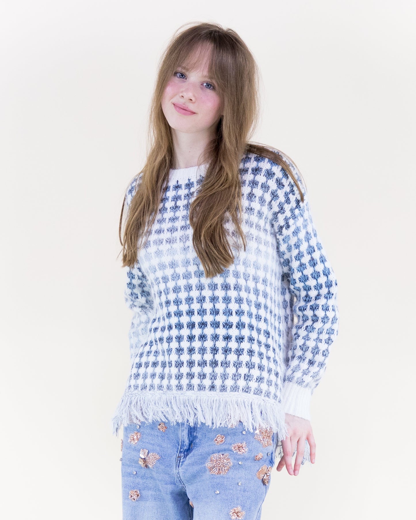Ombre Grid Stitch Fringe Hem Pullover Sweater