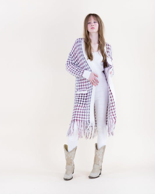 Ombre Grid Stitch Fringe Hem  Cardigan