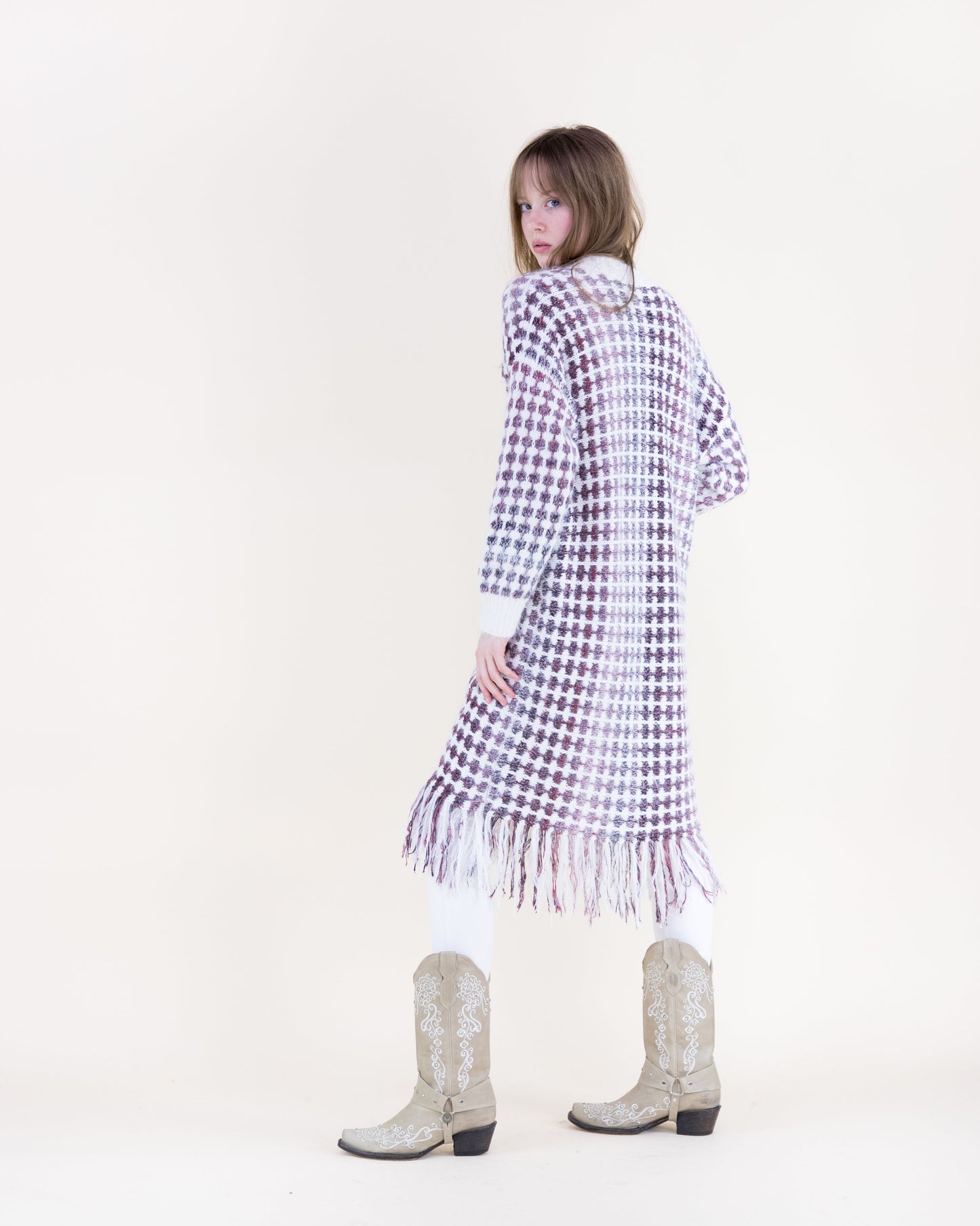 Ombre Grid Stitch Fringe Hem  Cardigan