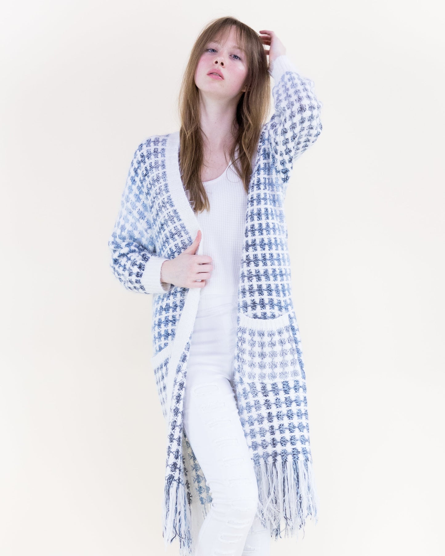Ombre Grid Stitch Fringe Hem  Cardigan