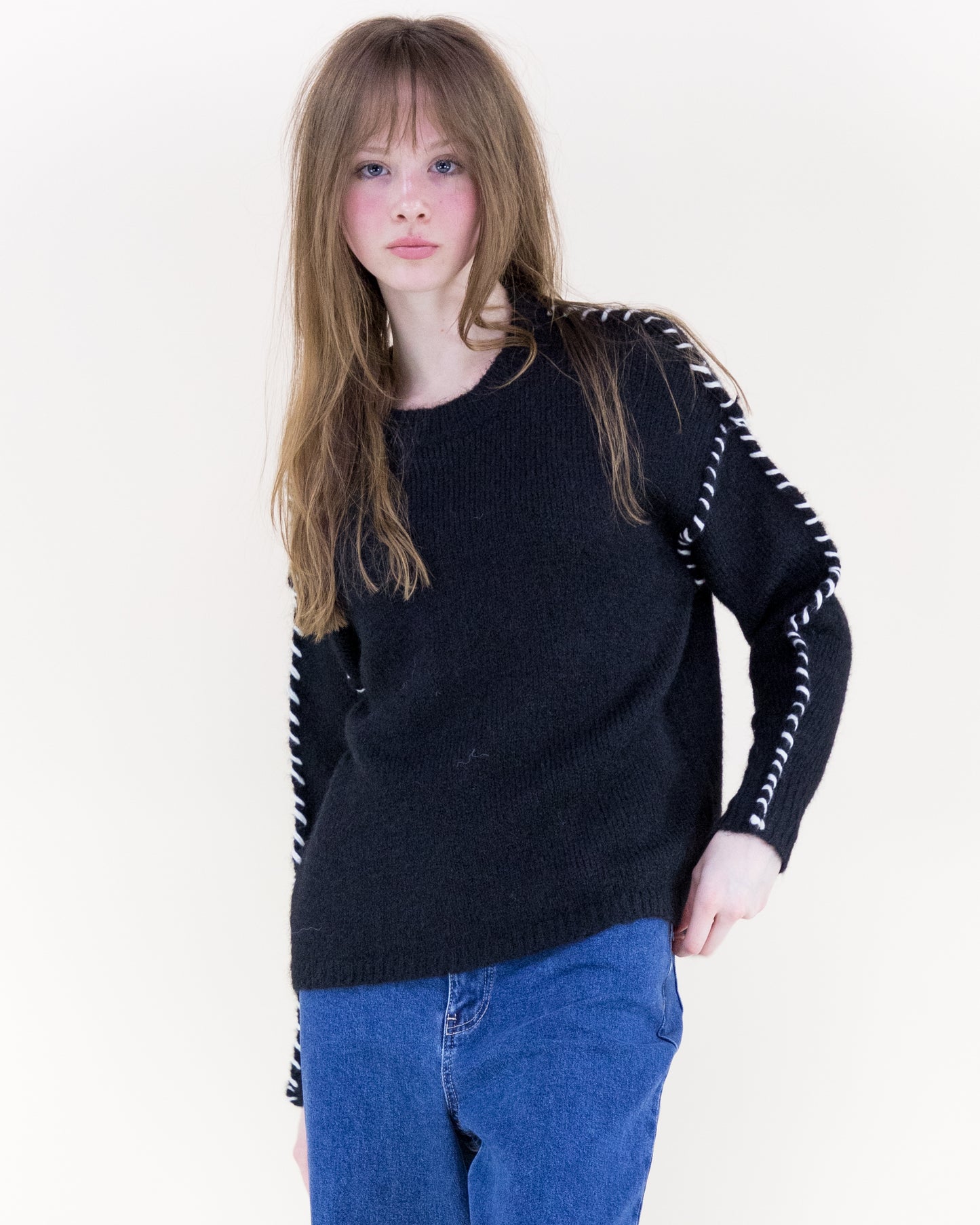 Relaxed Contrast Whipstitch Seam Boyfriend Sweater