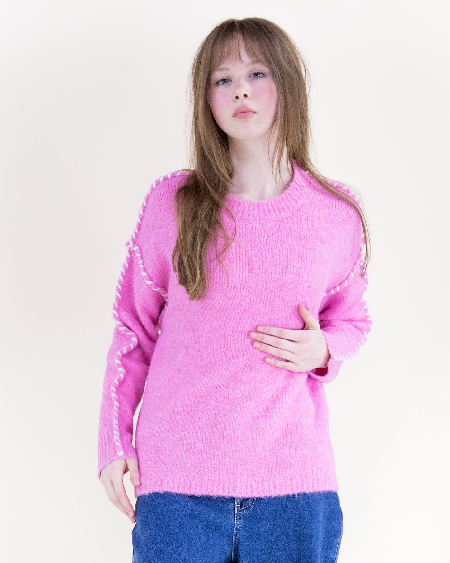 Relaxed Contrast Whipstitch Seam Boyfriend Sweater
