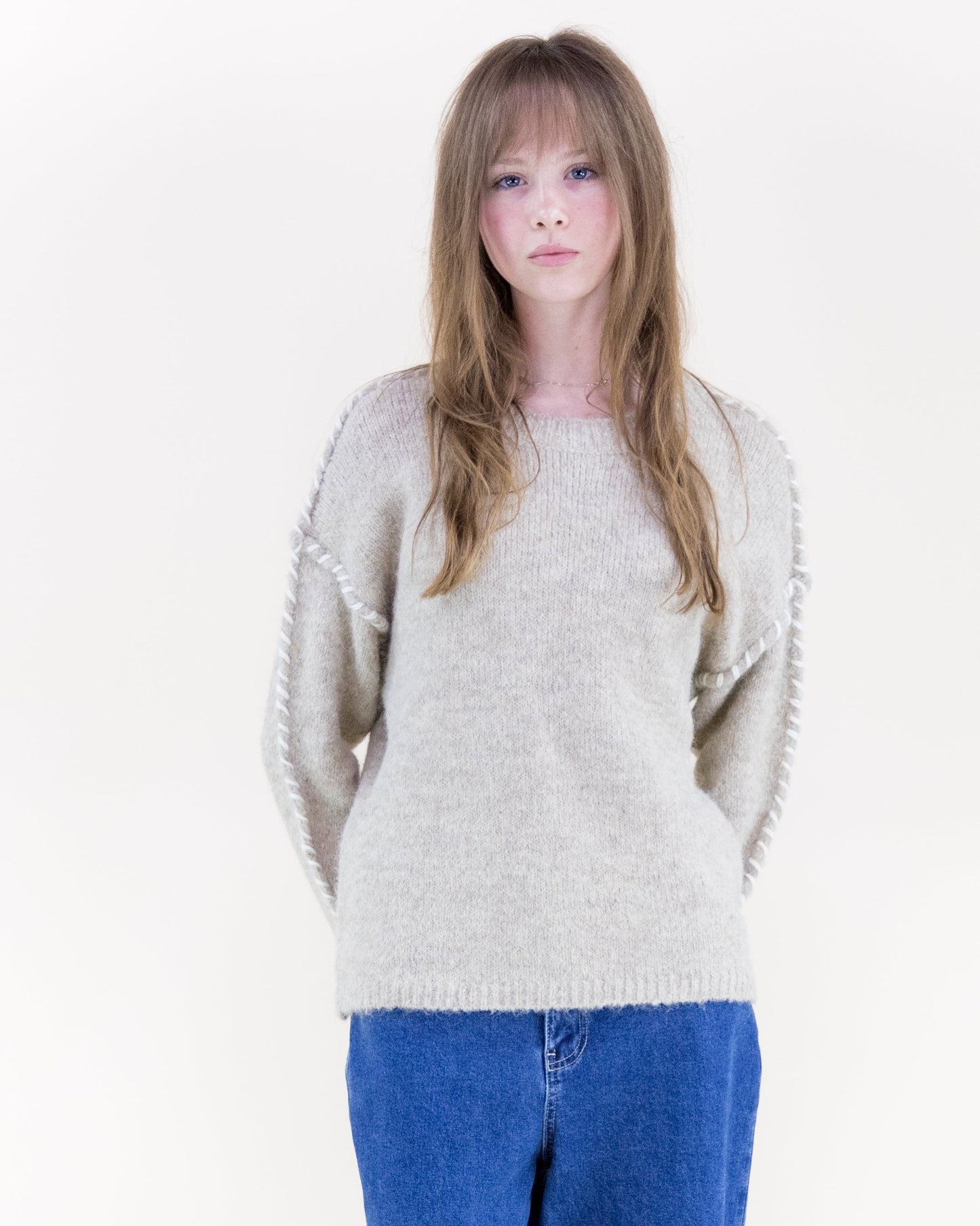 Relaxed Contrast Whipstitch Seam Boyfriend Sweater