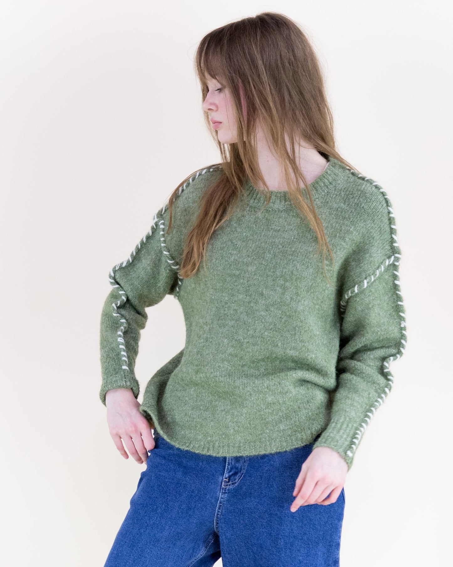 Relaxed Contrast Whipstitch Seam Boyfriend Sweater