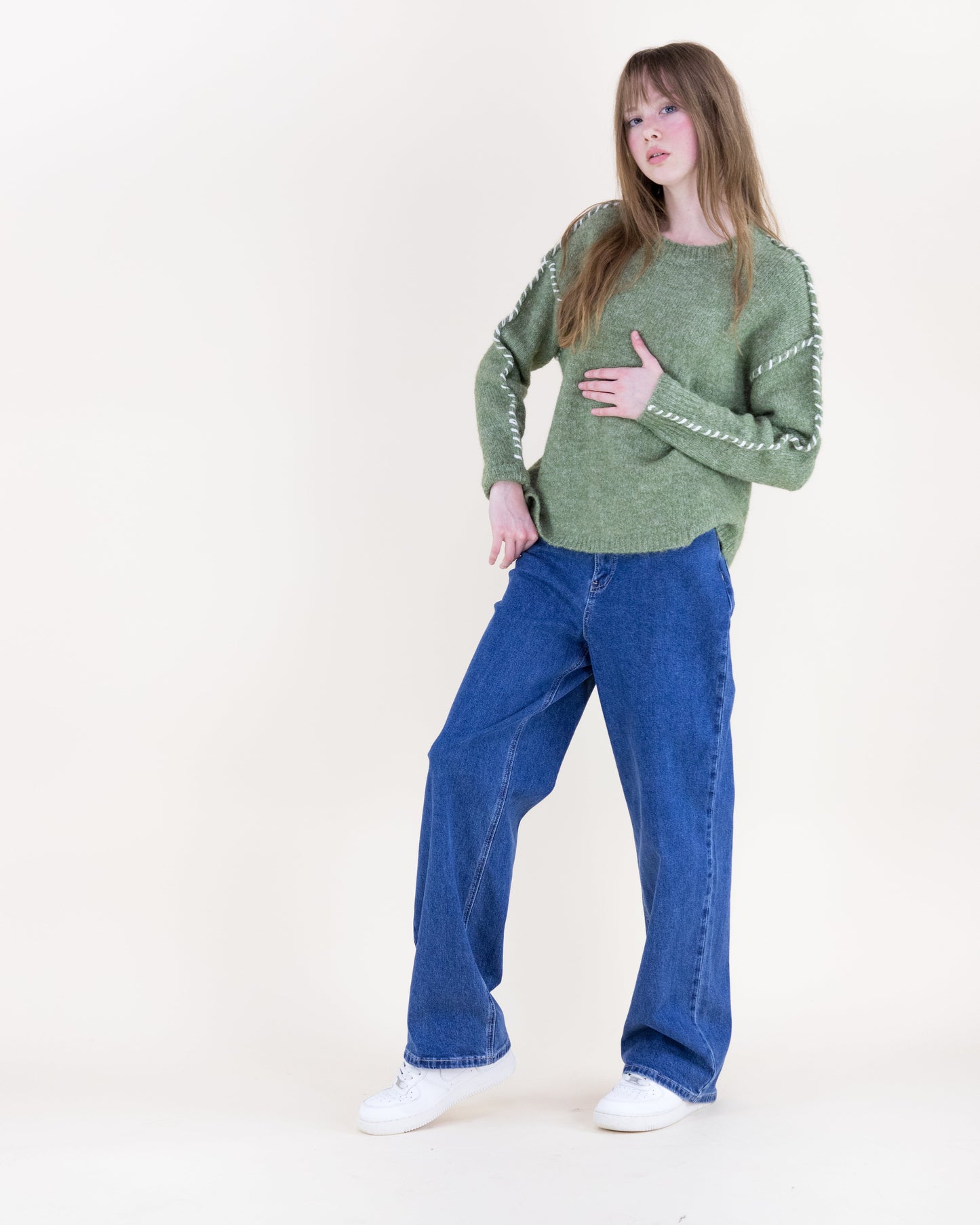 Relaxed Contrast Whipstitch Seam Boyfriend Sweater