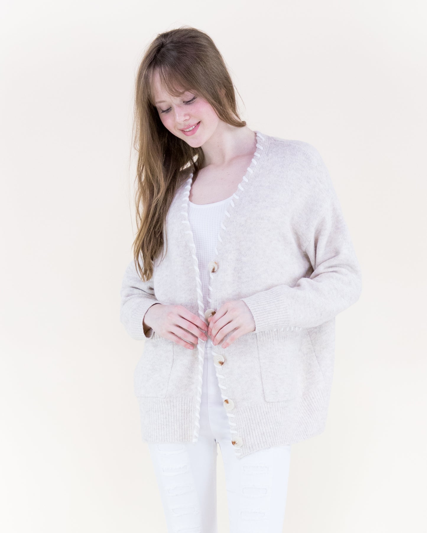 Relaxed Contrast Whipstitch Hem Boyfriend Cardigan