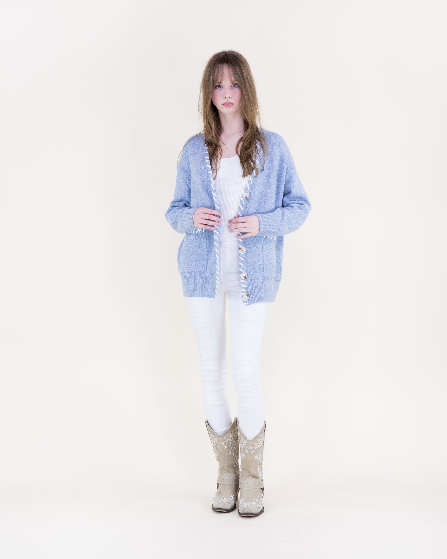 Relaxed Contrast Whipstitch Hem Boyfriend Cardigan