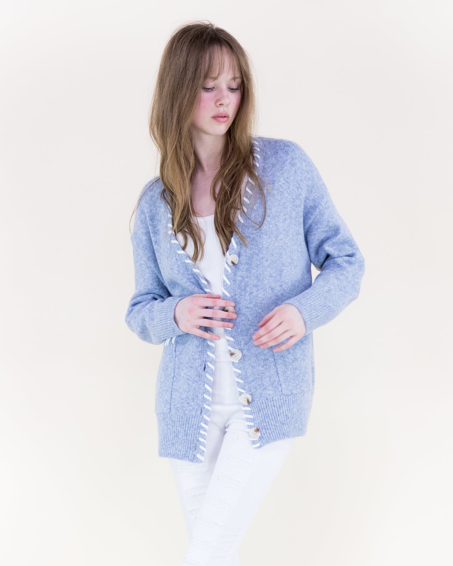 Relaxed Contrast Whipstitch Hem Boyfriend Cardigan