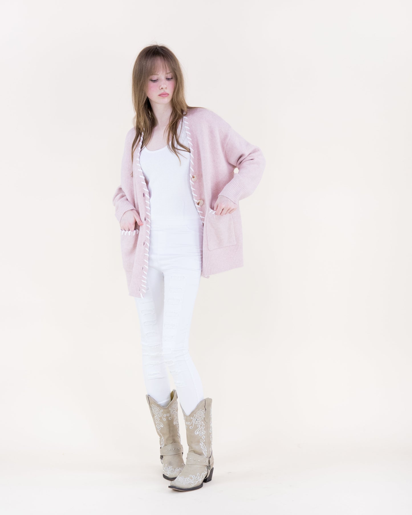 Relaxed Contrast Whipstitch Hem Boyfriend Cardigan
