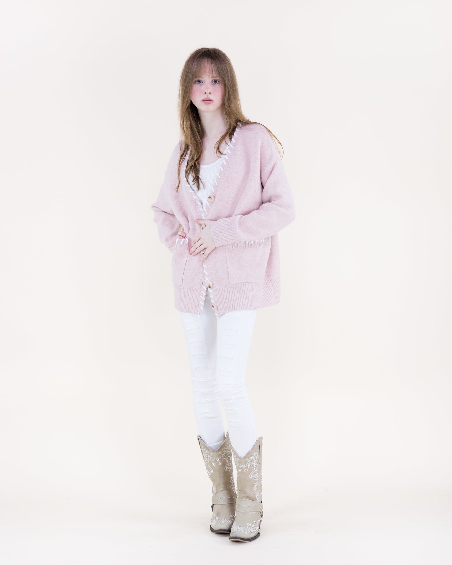 Relaxed Contrast Whipstitch Hem Boyfriend Cardigan