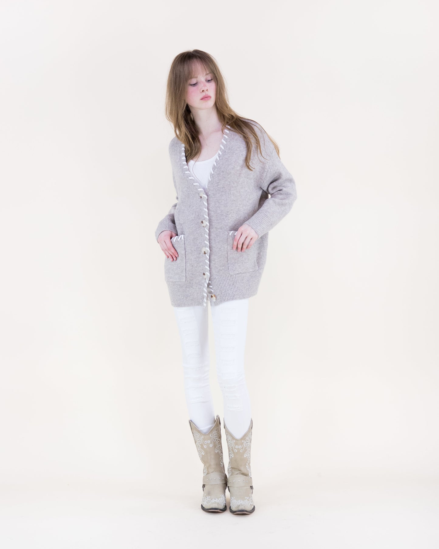 Relaxed Contrast Whipstitch Hem Boyfriend Cardigan