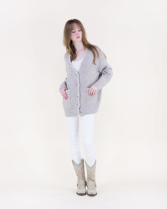 Relaxed Contrast Whipstitch Hem Boyfriend Cardigan