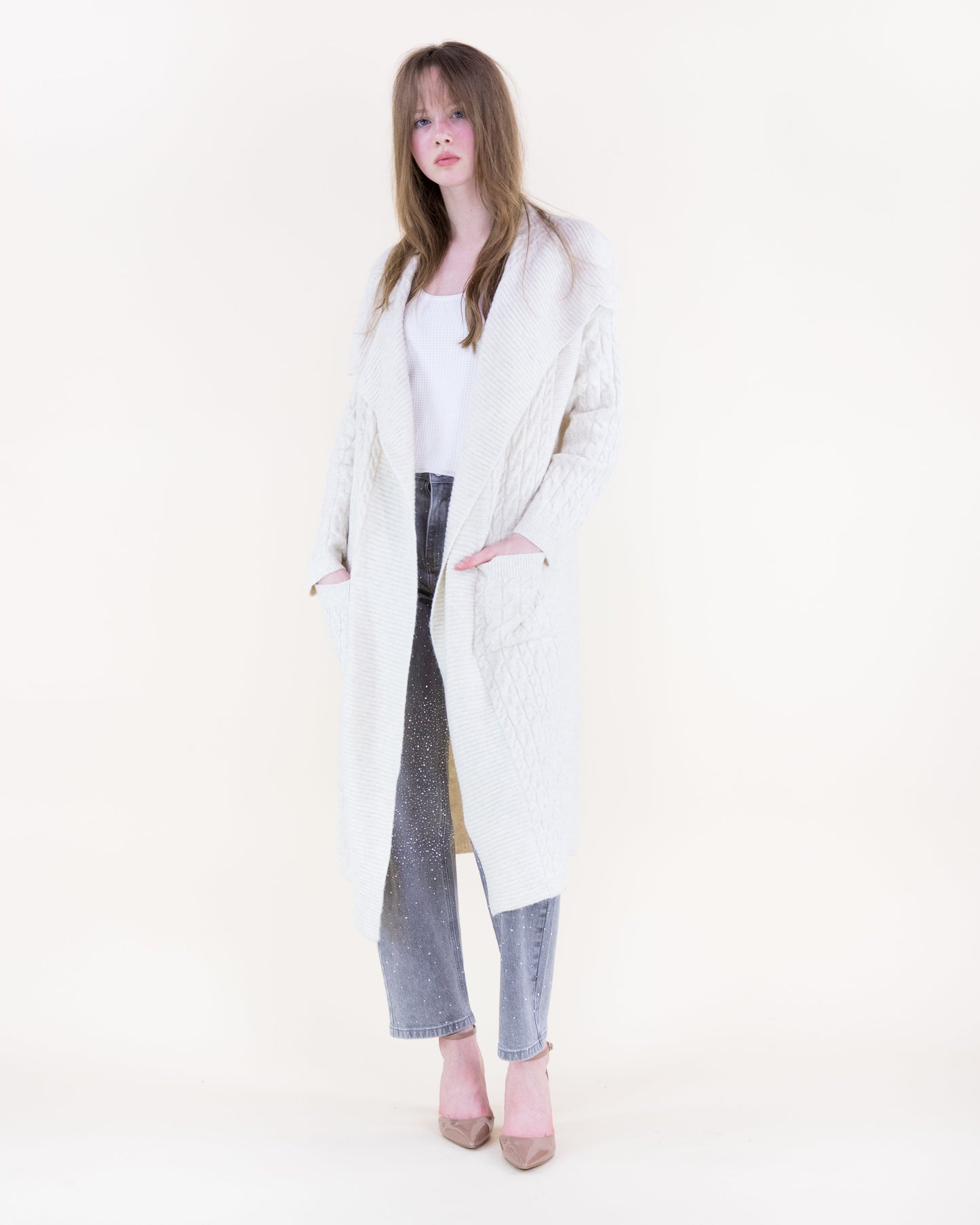 Shawl Collar Cable Stitch Lounge Coatigan