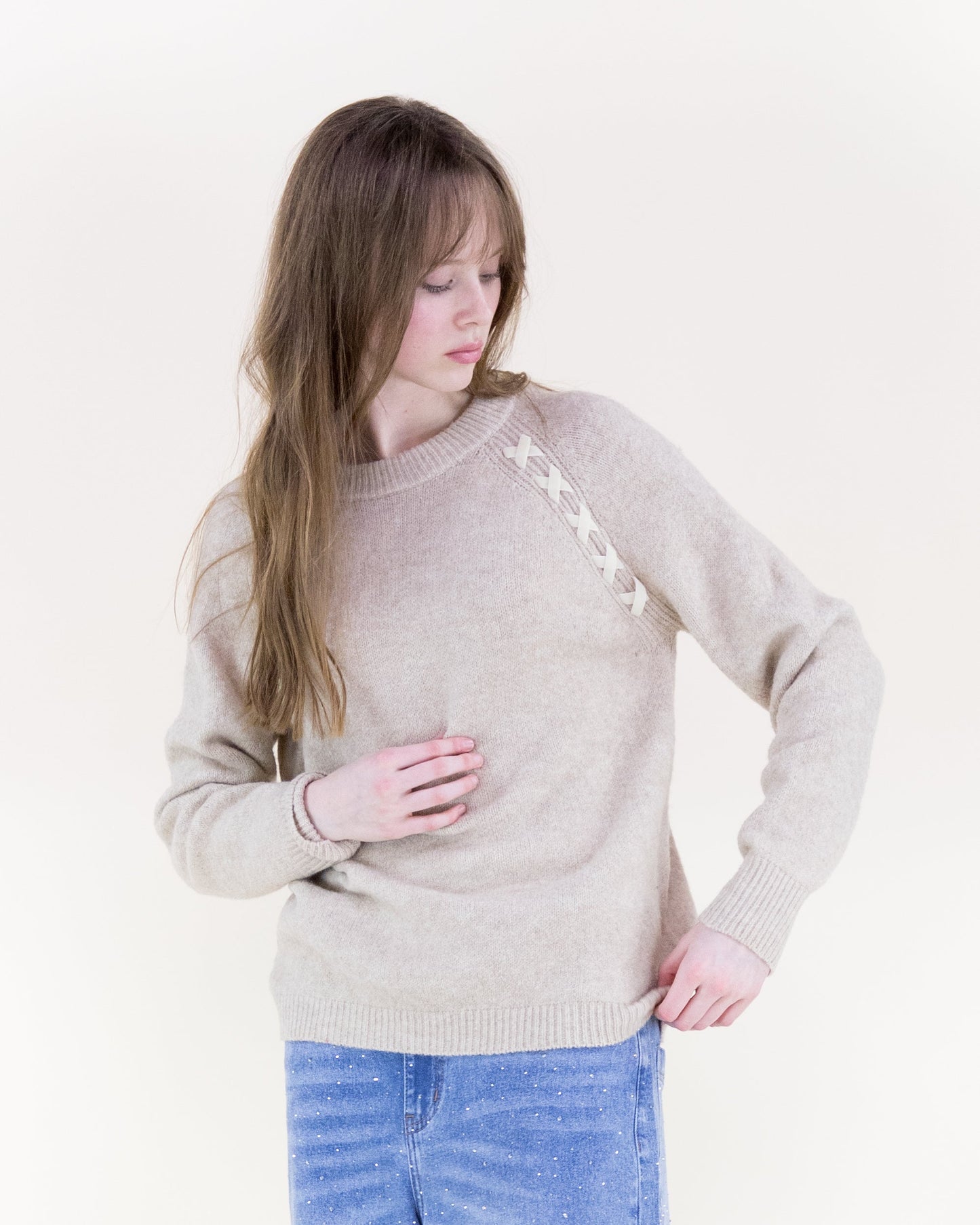 Raglan Shoulder Lace-up Pullover Sweater
