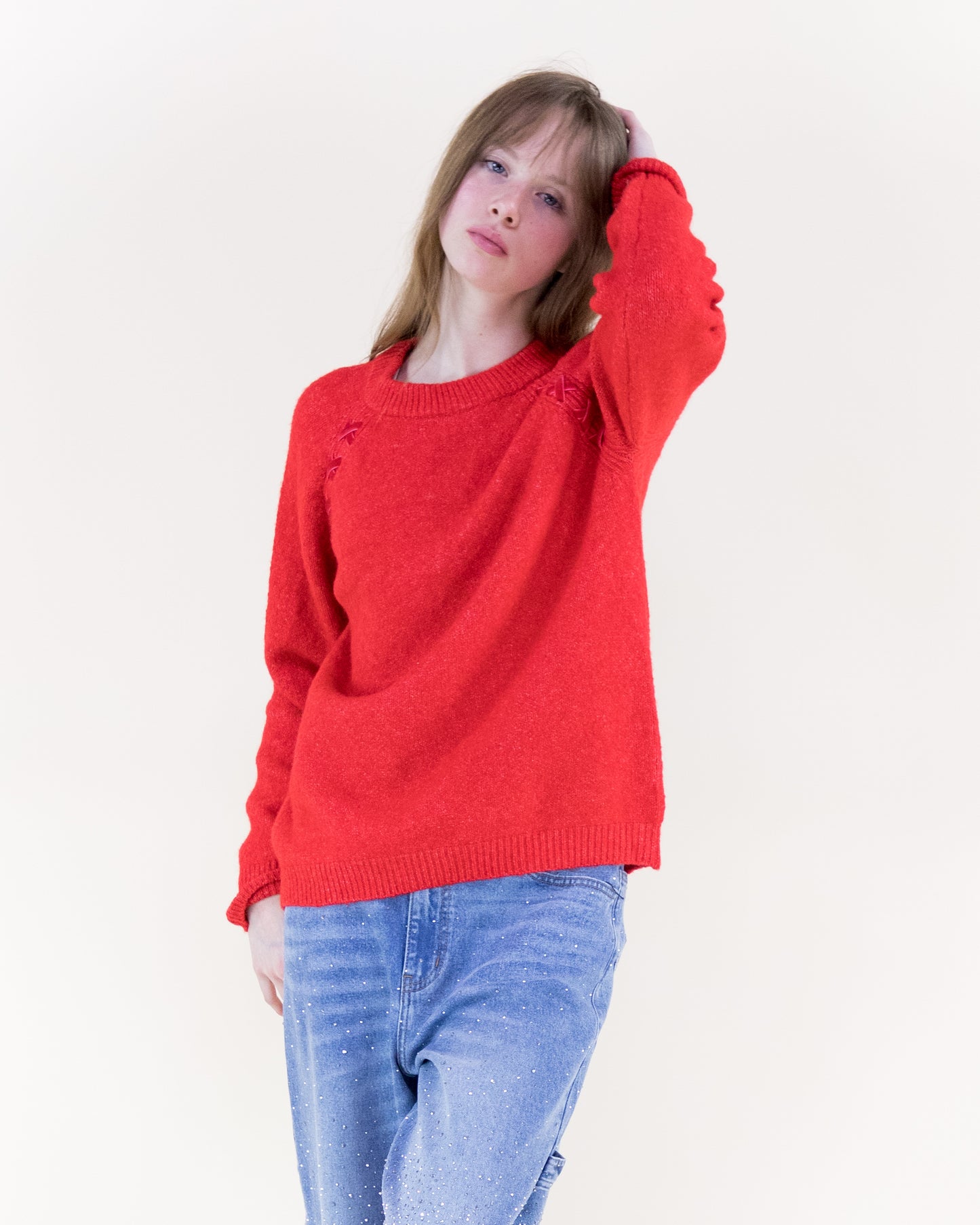 Raglan Shoulder Lace-up Pullover Sweater