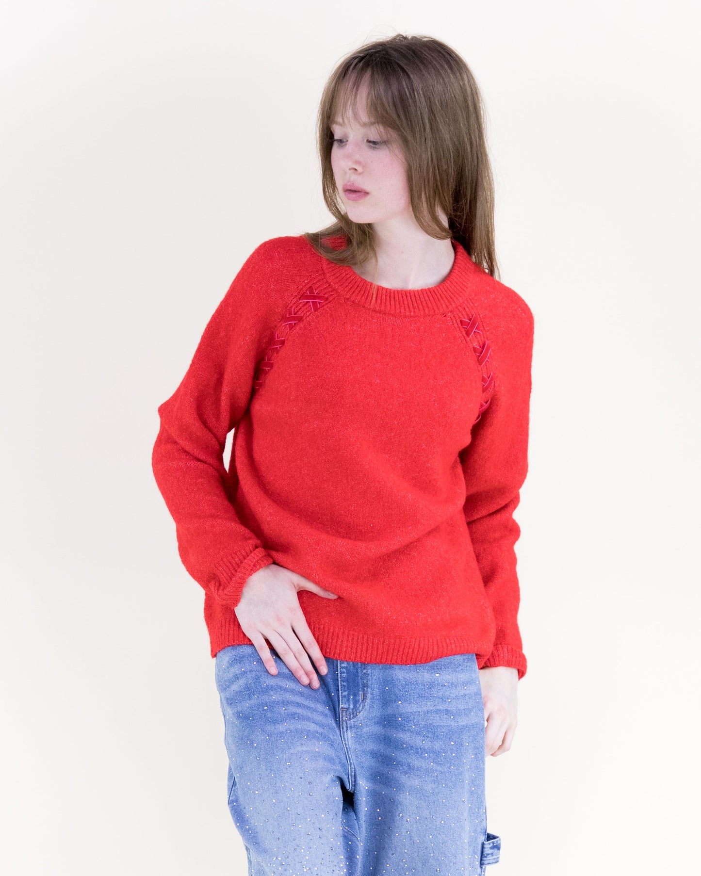 Raglan Shoulder Lace-up Pullover Sweater