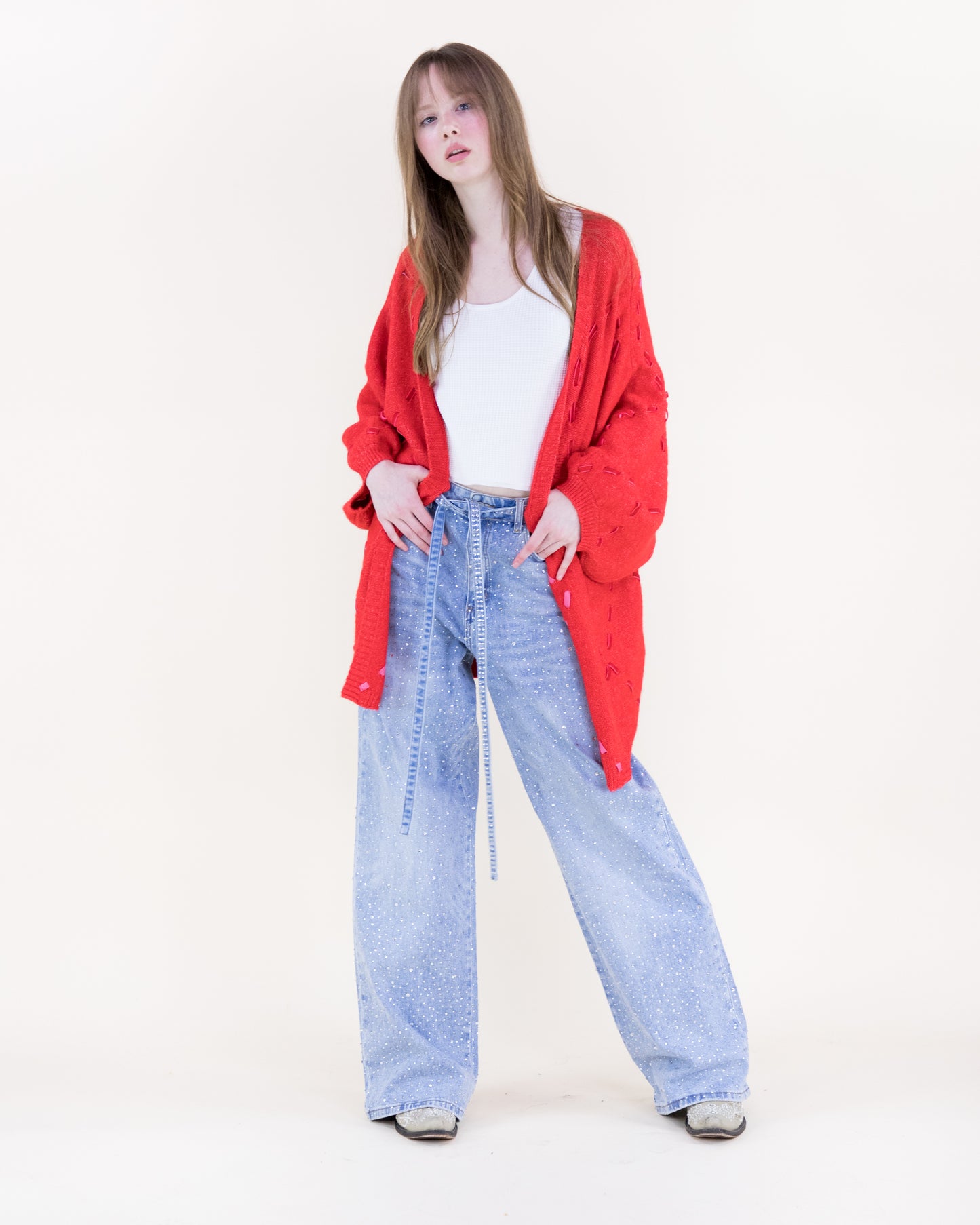 Rhinestone Belted High Rise Wide Leg Jeans