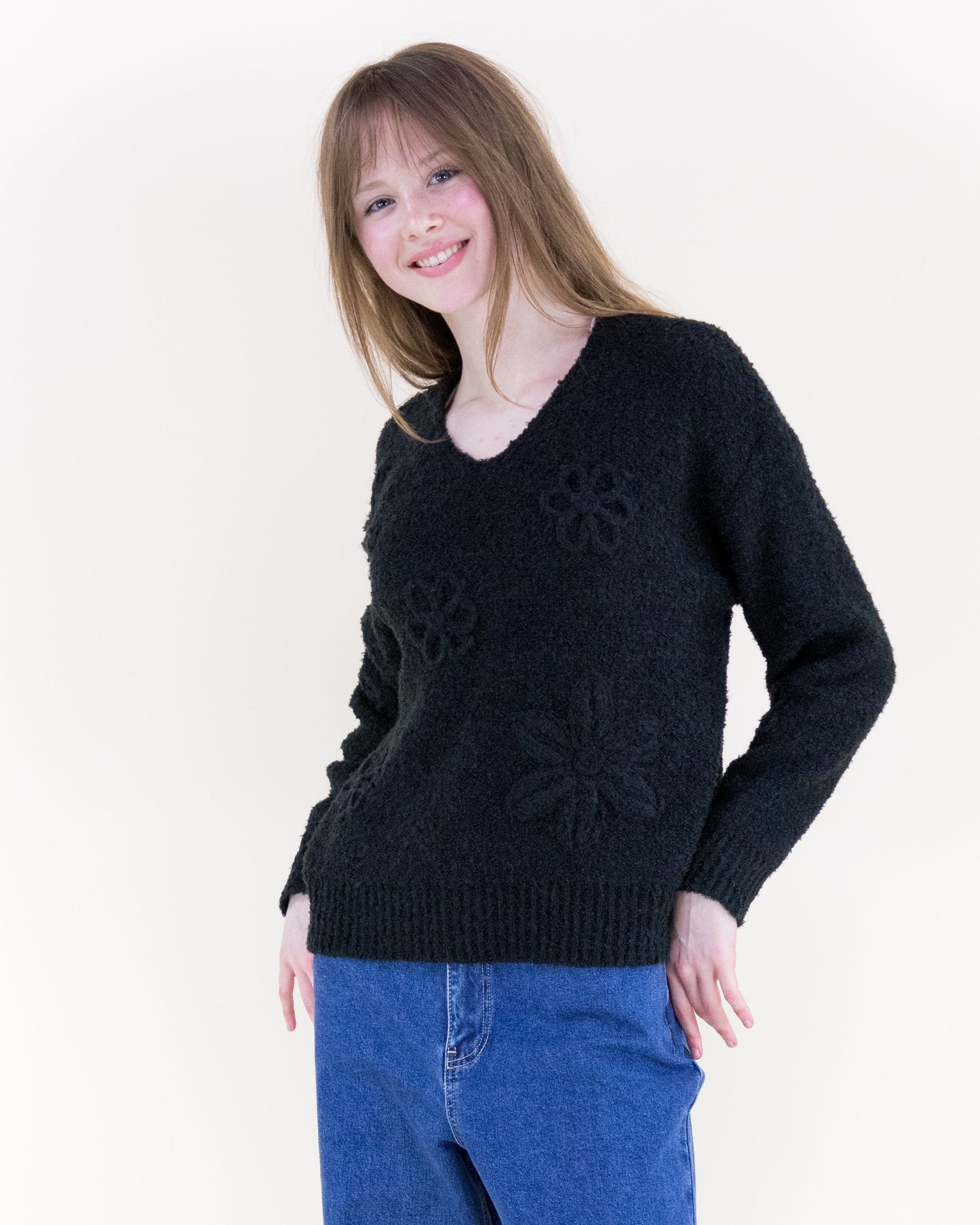 Bouclé Floral Appliqué V-Neck Sweater
