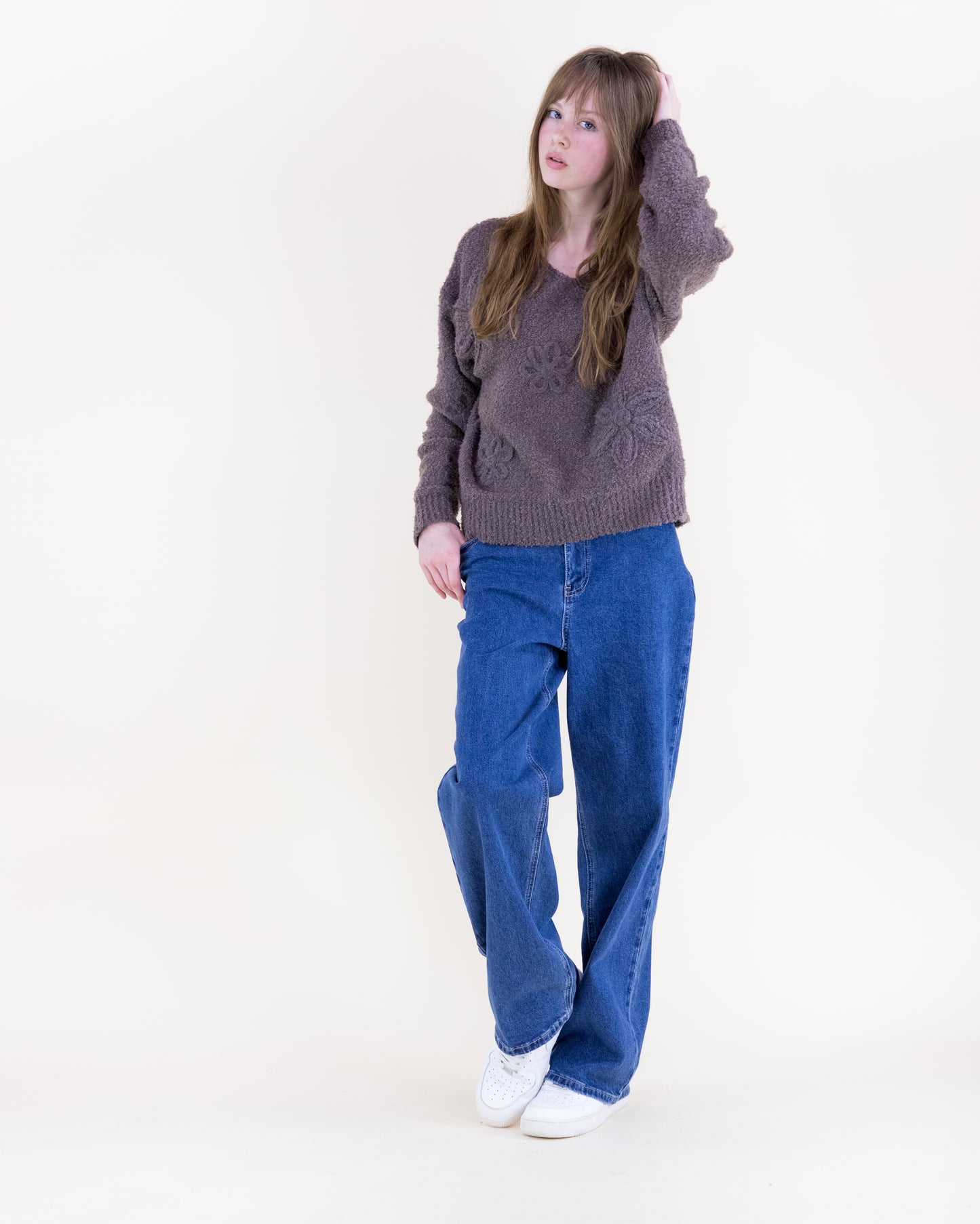 Bouclé Floral Appliqué V-Neck Sweater