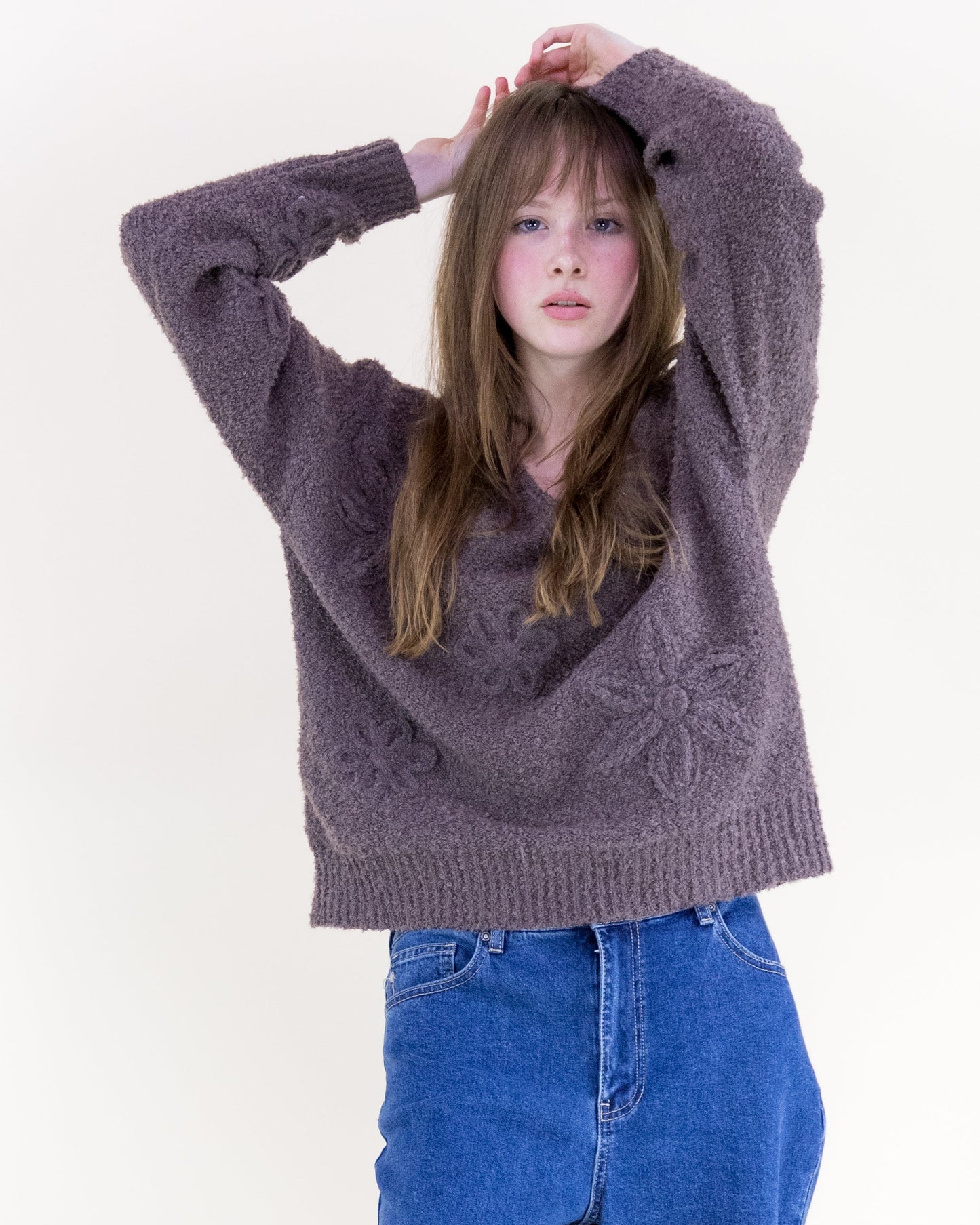 Bouclé Floral Appliqué V-Neck Sweater
