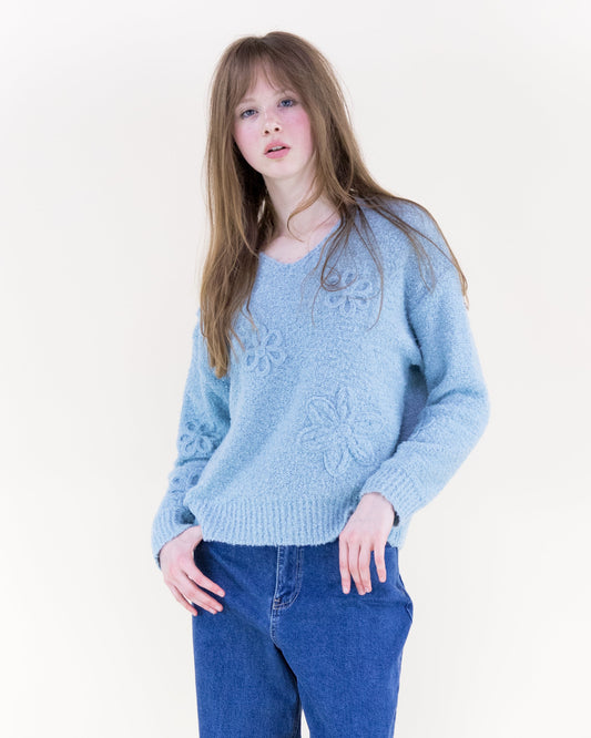 Bouclé Floral Appliqué V-Neck Sweater