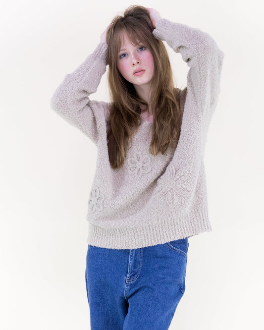 Bouclé Floral Appliqué V-Neck Sweater