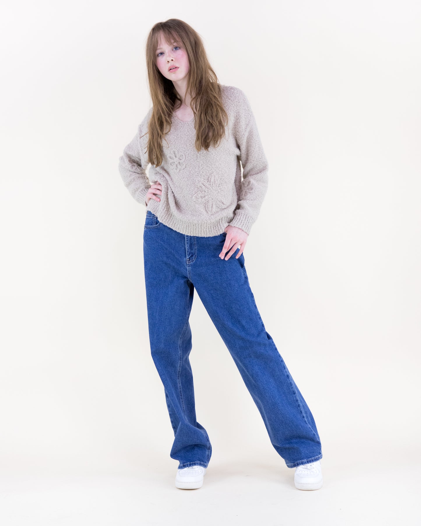 Bouclé Floral Appliqué V-Neck Sweater